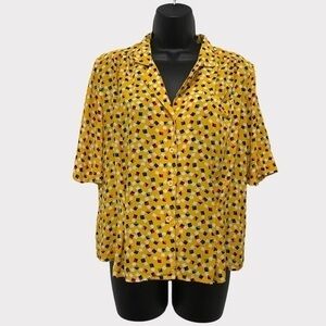Laura and Jayne Yellow Mini Squares Print Short Sleeve Button Front Top Size 14